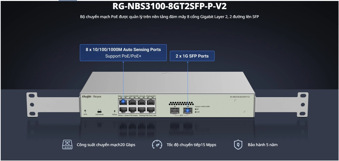 RG-NBS3100-8GT2SFP-P-V2, Bộ chuyển mạch PoE được quản lý trên nền tảng đám mây 10 cổng Gigabit Layer 2