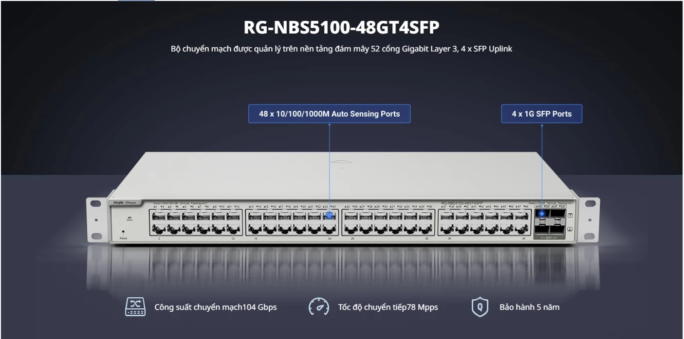 RG-NBS5100-48GT4SFP, Bộ chuyển mạch Gigabit lớp 3 52 cổng không có PoE