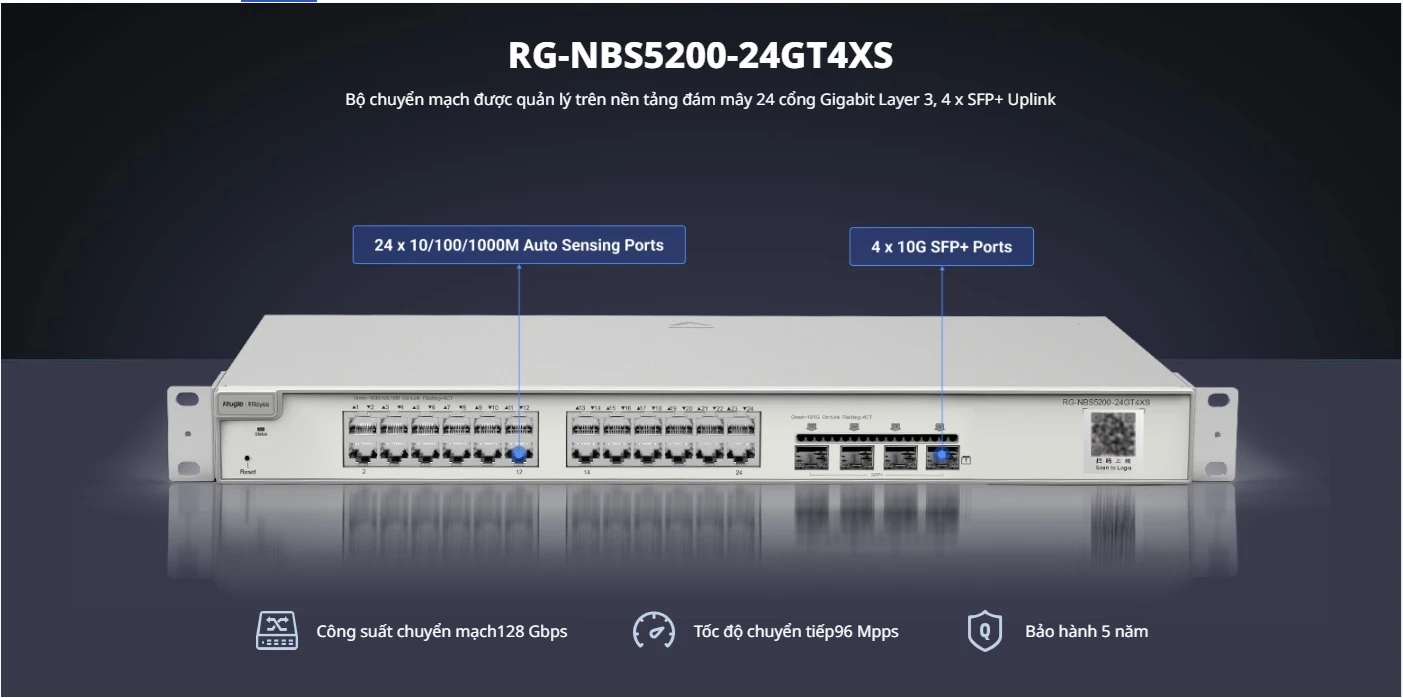 RG-NBS5200-24GT4XS, Bộ chuyển mạch Gigabit Layer 3 không PoE 24 cổng, 4 Uplink SFP+