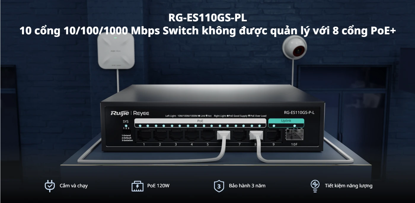 RG-ES110GS-PL, Công tắc PoE không được quản lý 10 cổng 10/100/1000 Mbps