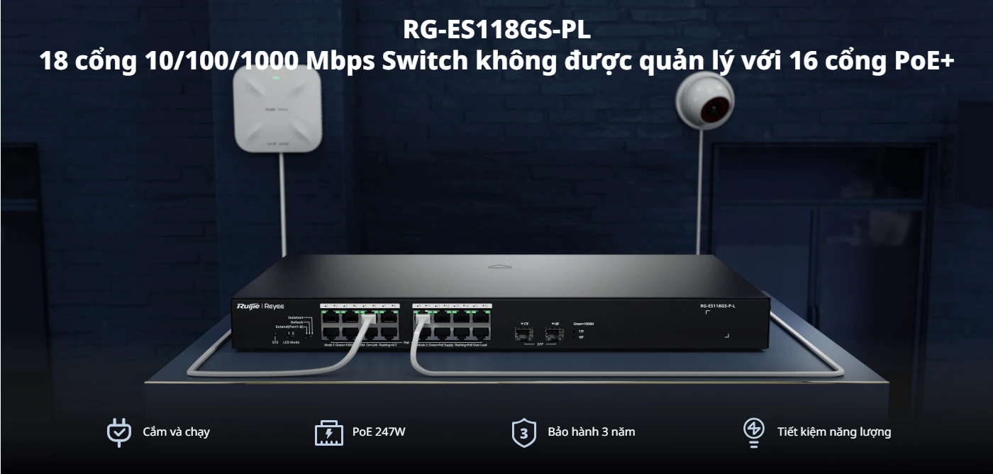 RG-ES118GS-PL, Công tắc PoE không được quản lý 18 cổng 10/100/1000 Mbps