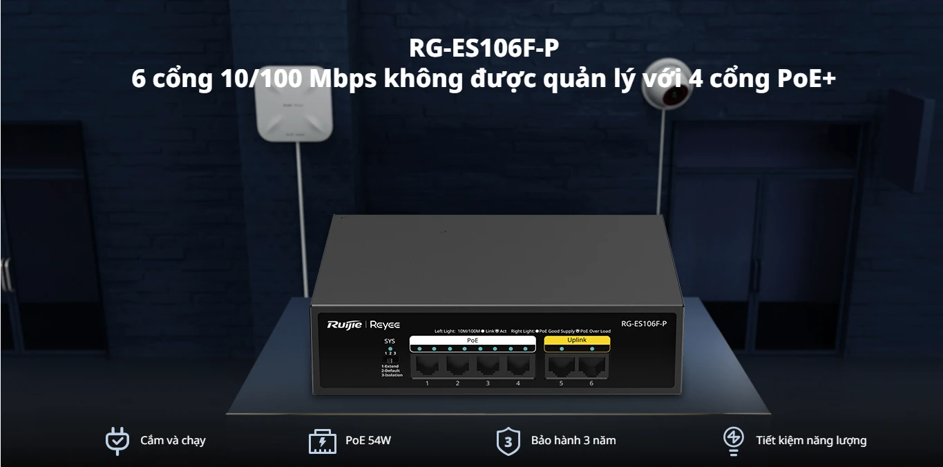 RG-ES106F-P, Công tắc PoE không được quản lý 6 cổng 10/100 Mbps
