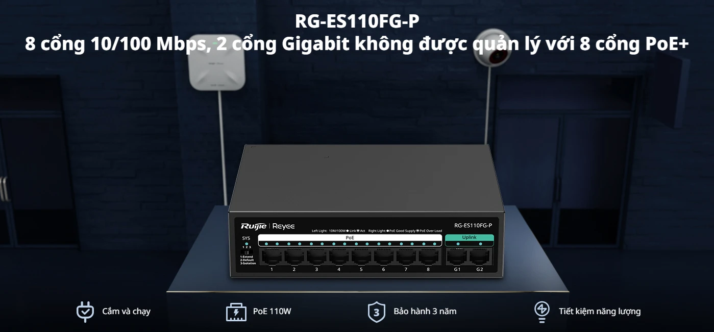 RG-ES110FG-P, 8 cổng 10/100 Mbps với công tắc PoE không được quản lý 2 cổng Gigabit