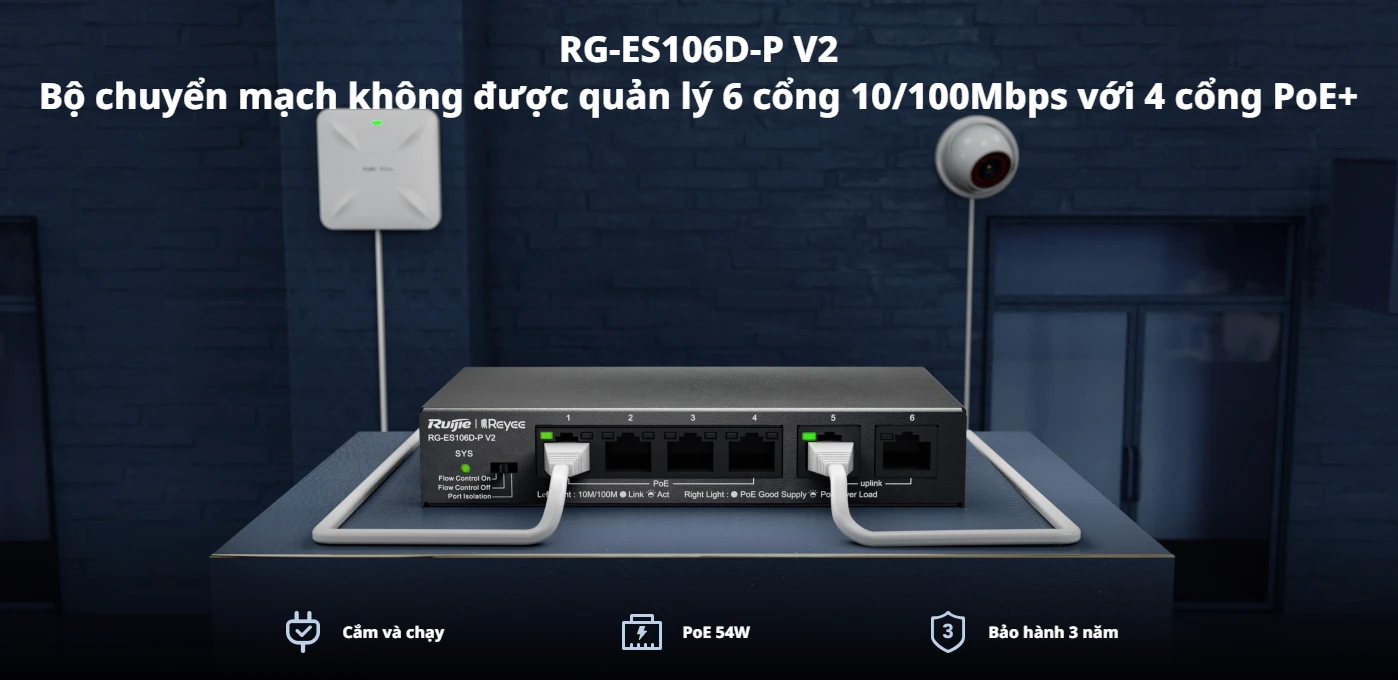 RG-ES106D-P V2, Bộ chuyển mạch để bàn không được quản lý 6 cổng 10/100Mbps