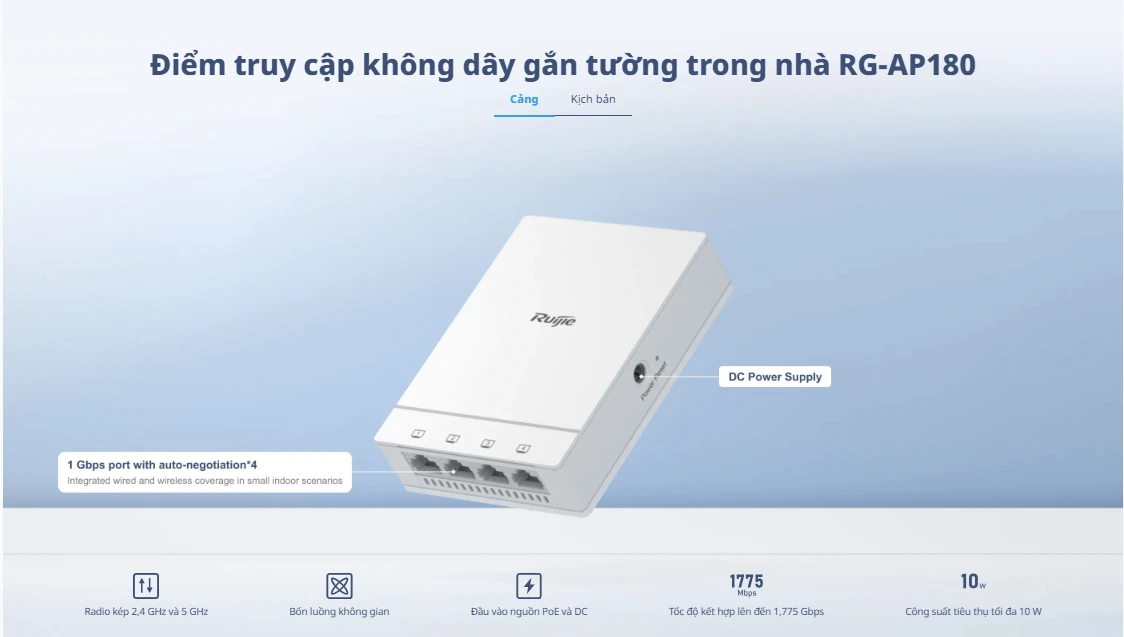 RG-AP180, Wi-Fi 6 Dual Radio 1.775 Gbps AP không dây gắn tường trong nhà