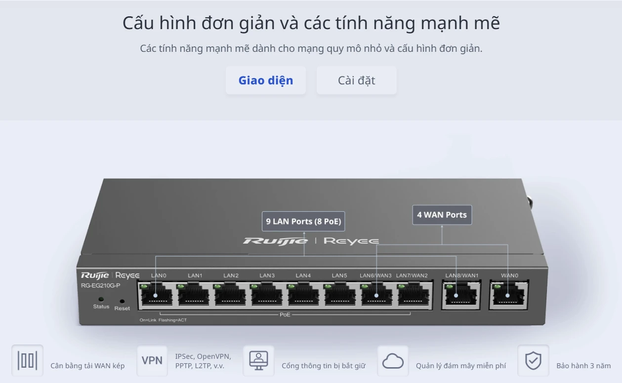 RG-EG210G-P Reyee | Bộ định tuyến PoE được quản lý trên nền tảng đám mây 10 cổng Gigabit