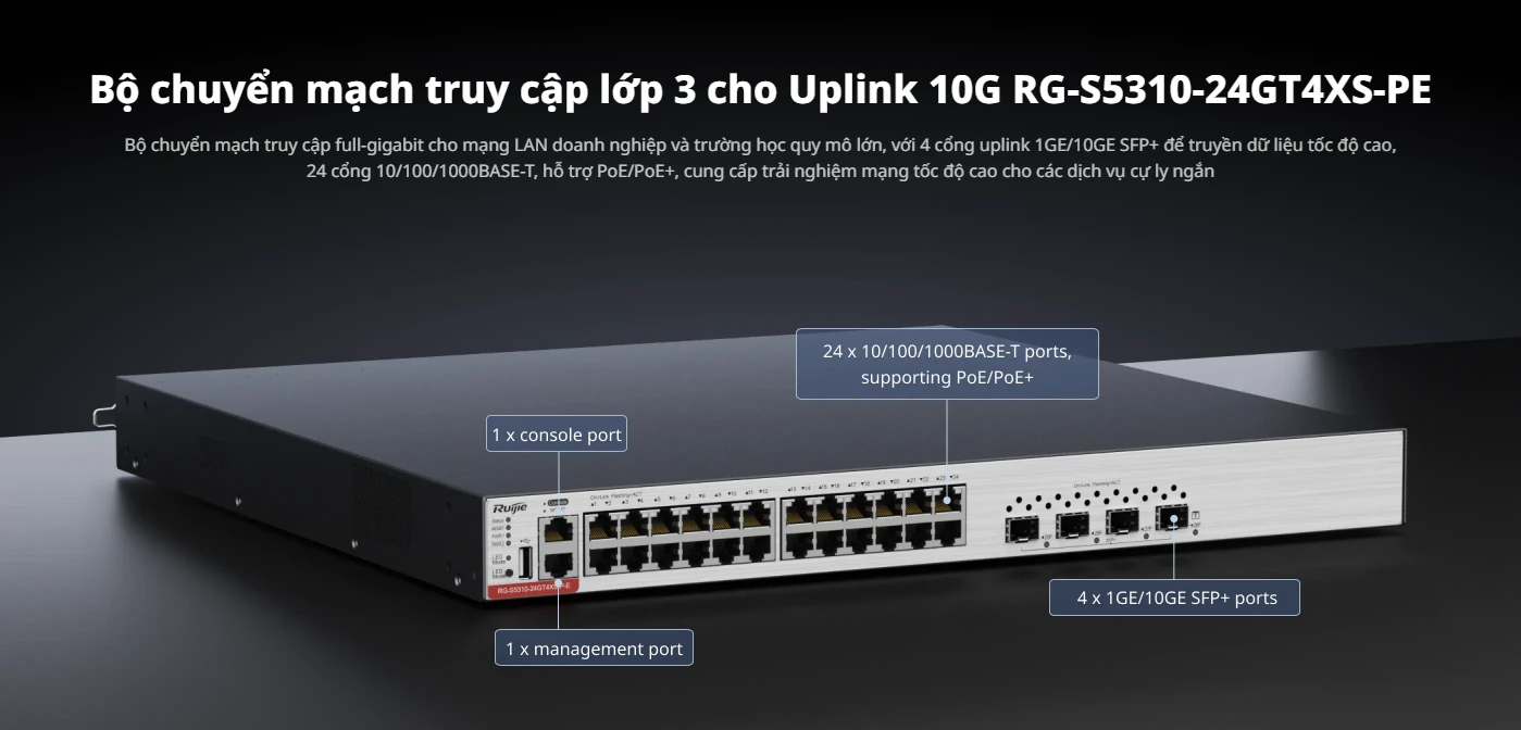 RG-S5310-24GT4XS-PE, Bộ chuyển mạch truy cập được quản lý GE Layer 3 24 cổng với PoE+, Uplink 4 cổng 10GE