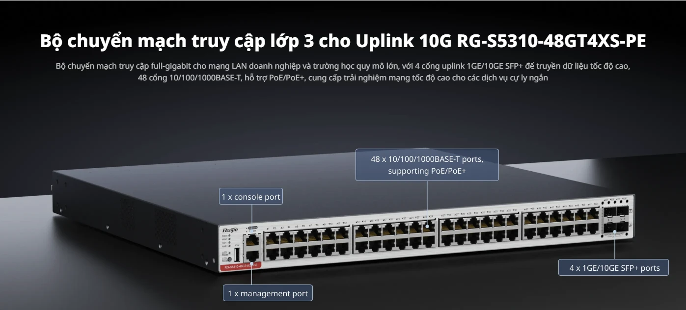 RG-S5310-48GT4XS-PE, Bộ chuyển mạch truy cập được quản lý GE Layer 3 48 cổng với PoE+, Uplink 4 cổng 10GE